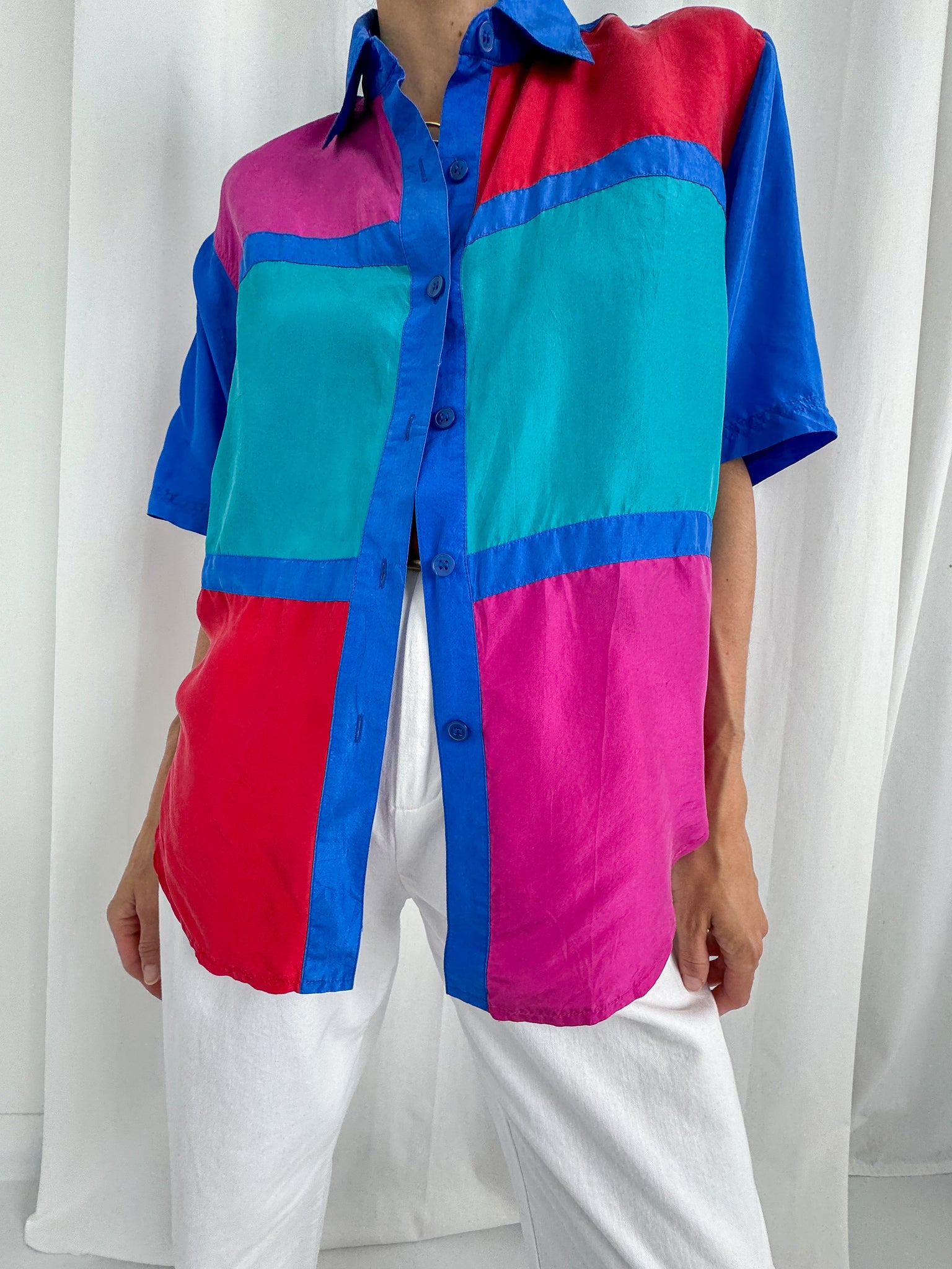 Vintage 90s Color Block Silk Short Sleeve Blouse