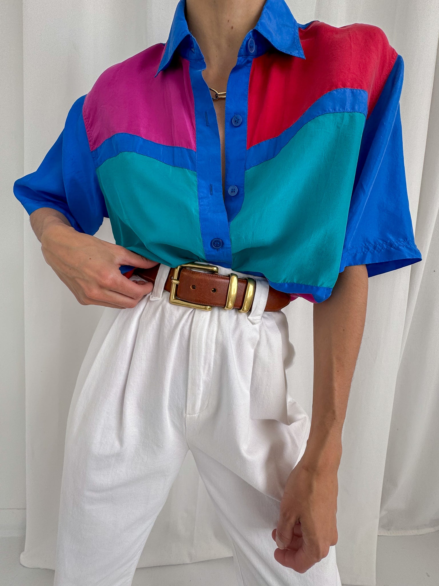 Vintage 90s Color Block Silk Short Sleeve Blouse