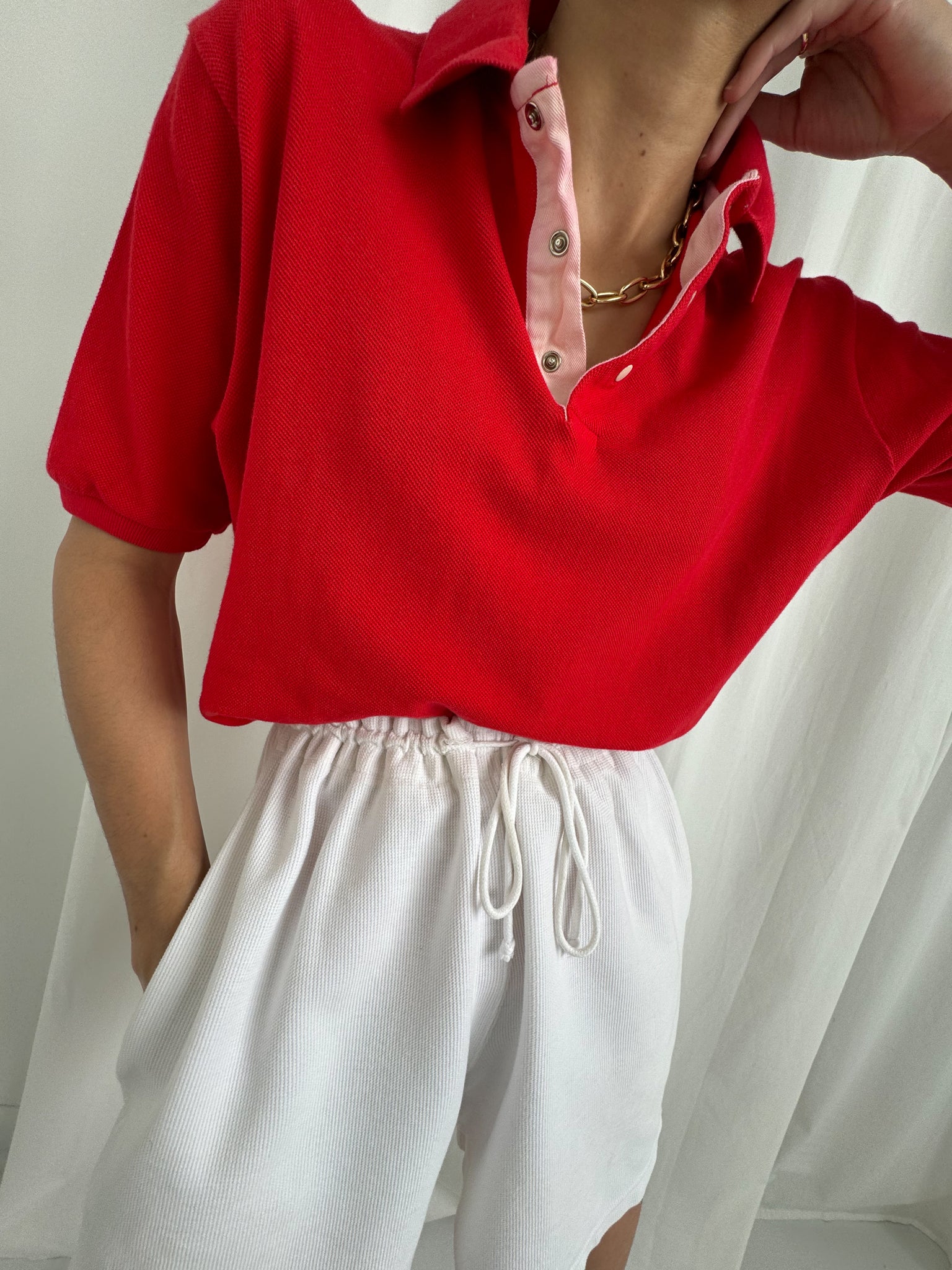 Vintage Unisex Fraise All Cotton Snap Button Short Sleeve Polo