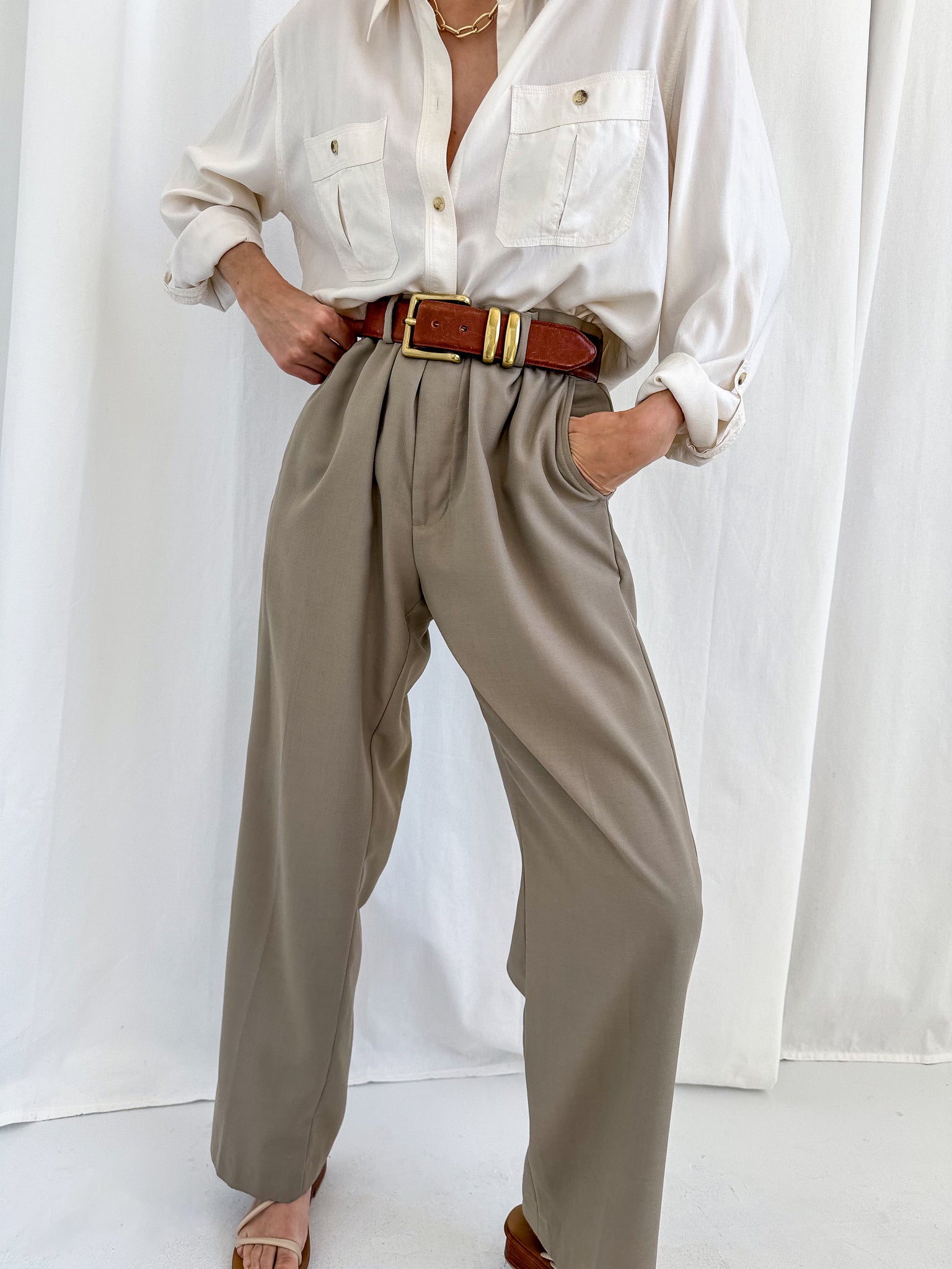 Vintage Unisex Huître Calvin Klein Viscose Blend Trousers