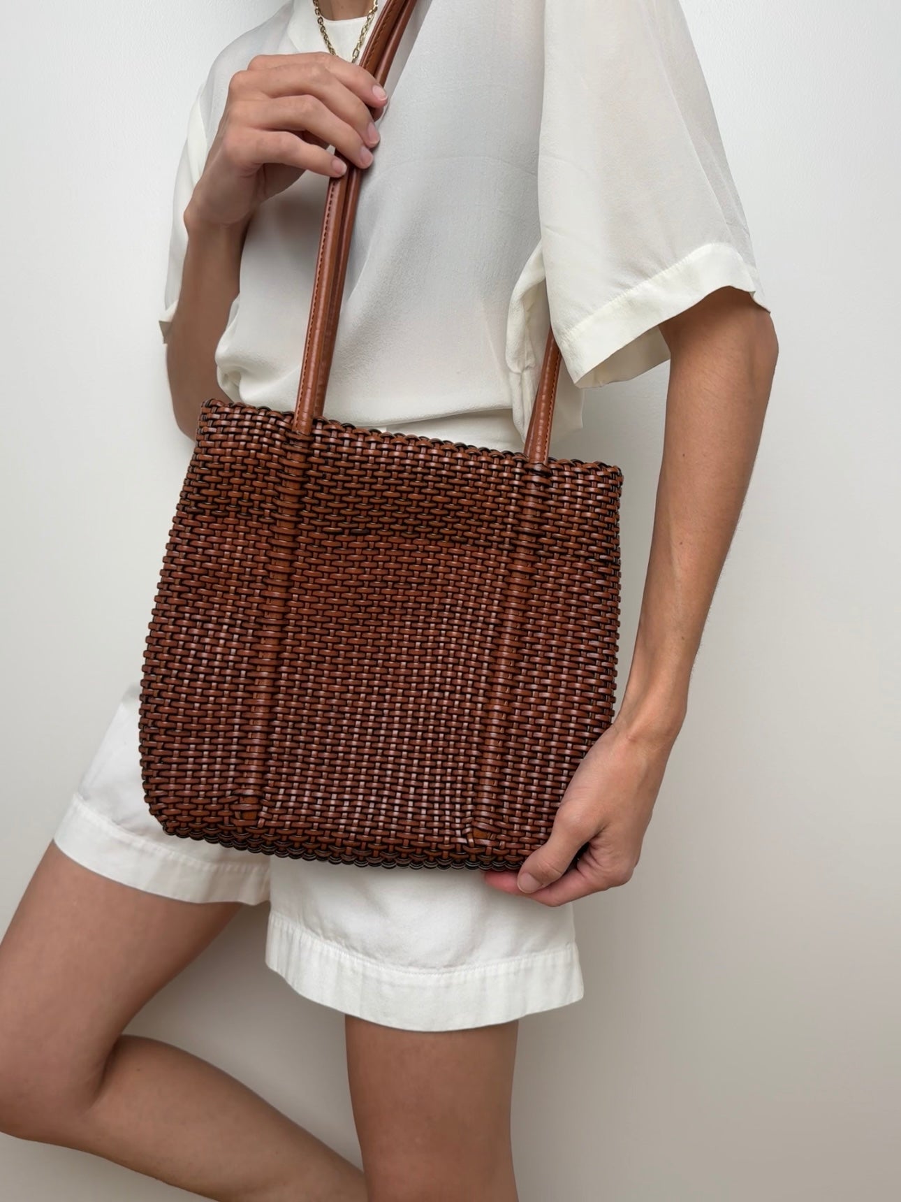 Vintage Brown Woven Leather Shoulder Bag