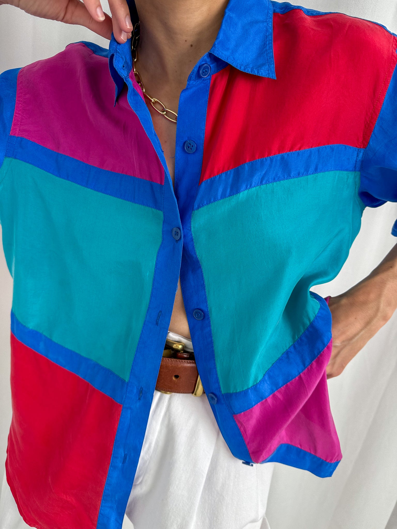 Vintage 90s Color Block Silk Short Sleeve Blouse