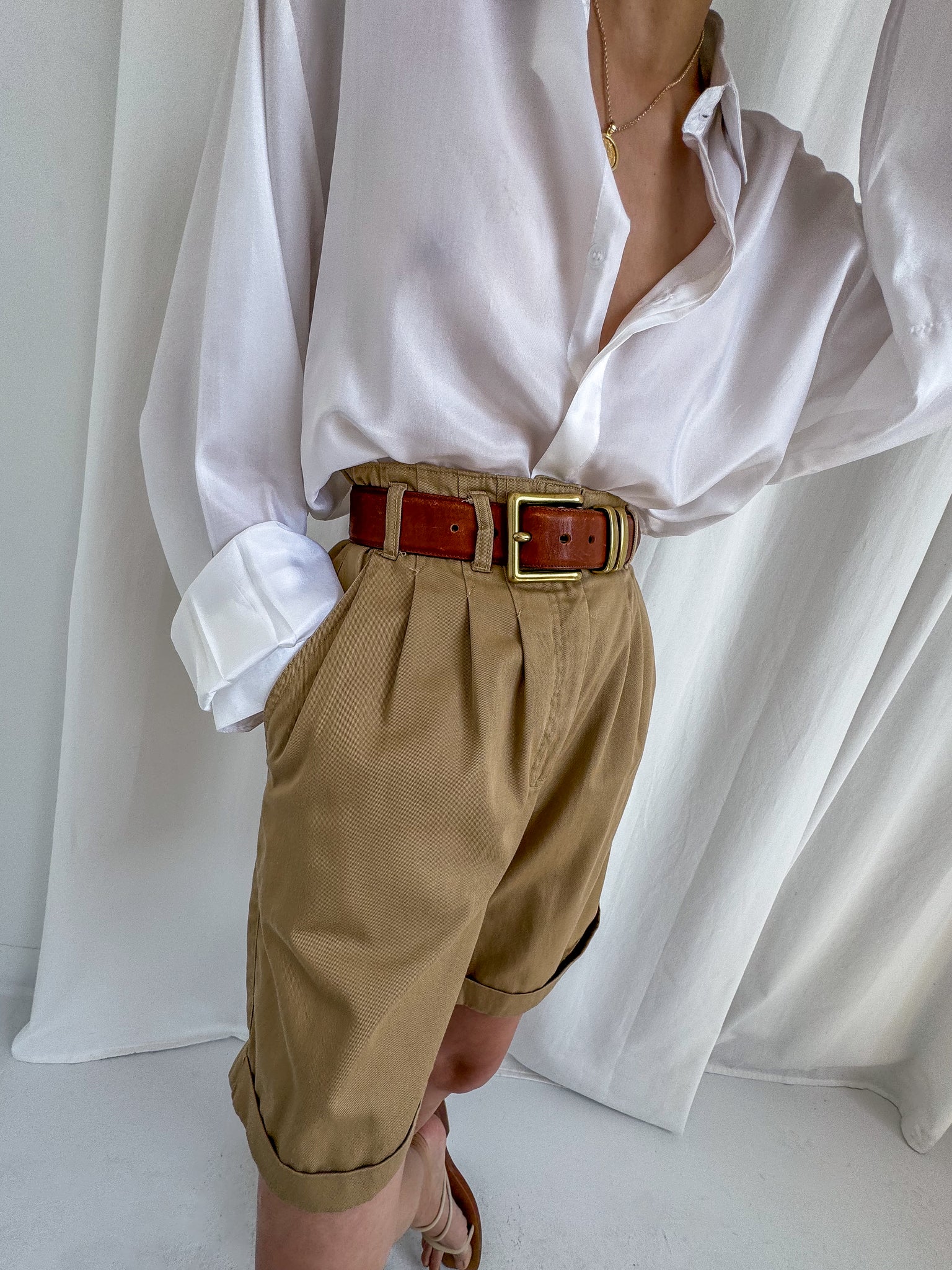 Vintage 90s Caramel Cotton Safari Cuffed Shorts