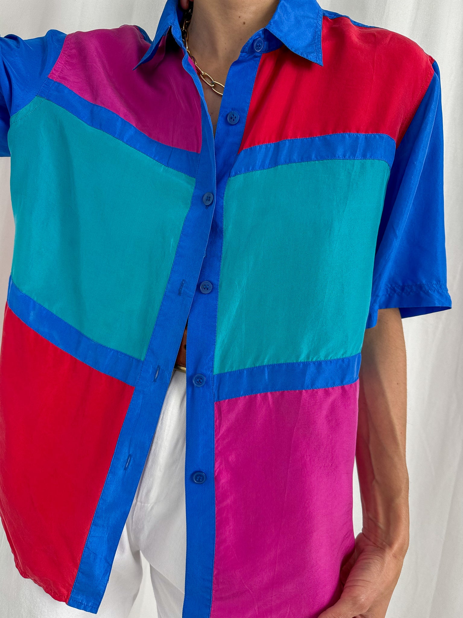 Vintage 90s Color Block Silk Short Sleeve Blouse