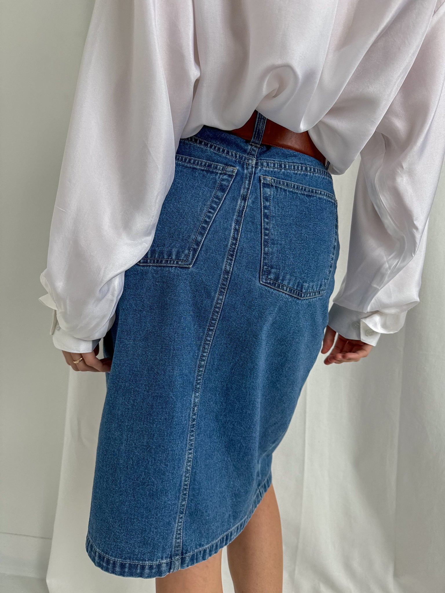 Vintage Bleu Denim Five Pocket Midi Skirt